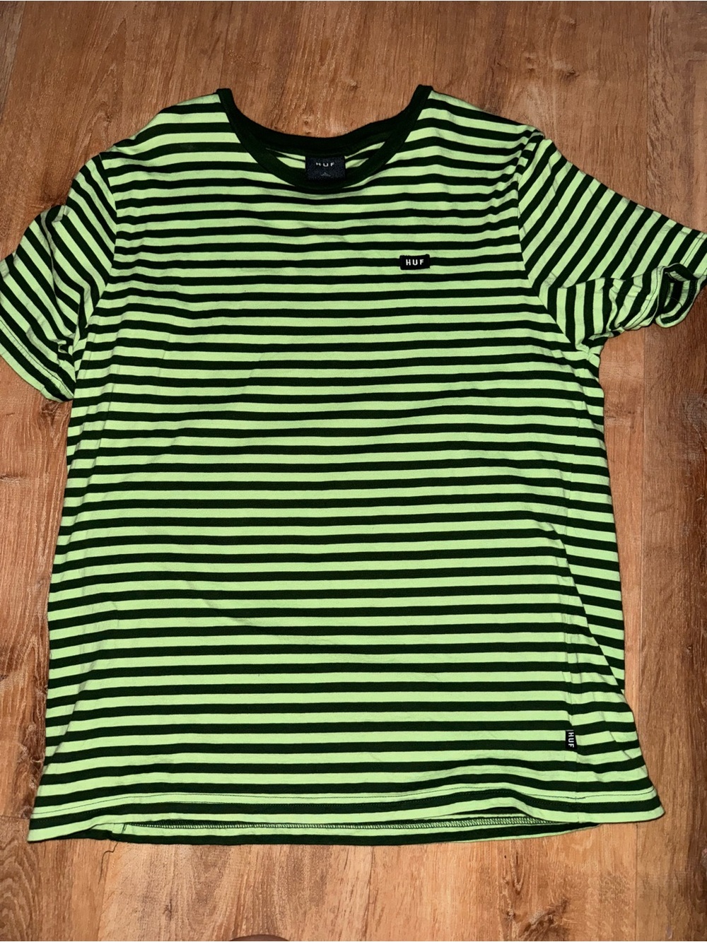 HUF Neon Green and Black Striped Crew Neck Tee